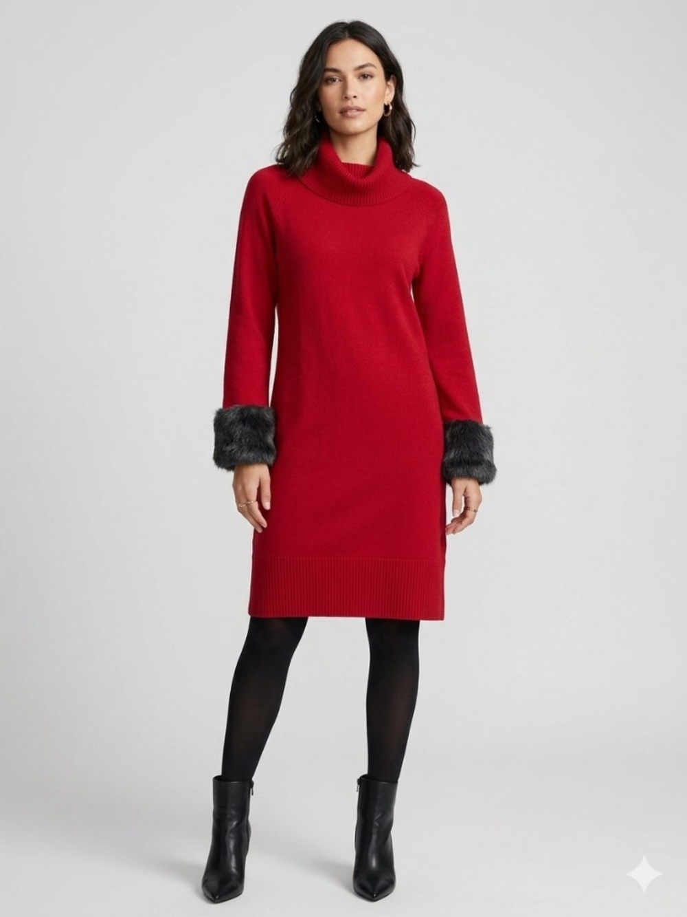 Retro Glam Knit Cowl Turtle Neck Sweater Dress Faux Fur Cuffs Red Mid Length